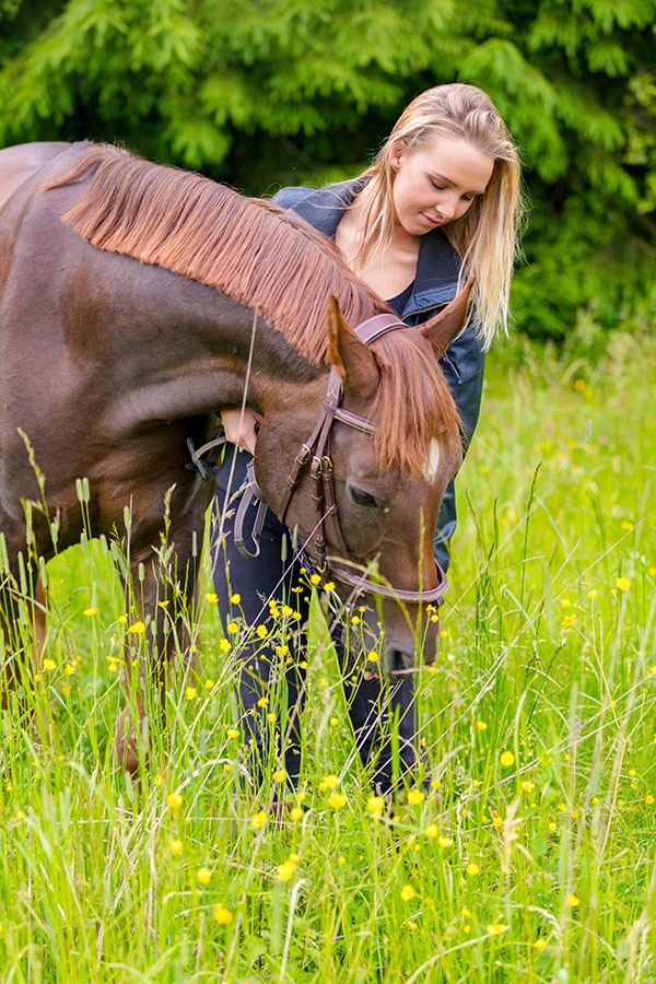 Caring and beautiful young woman feeding her adult arabian horse standing in a field. Relationship between human and animal.